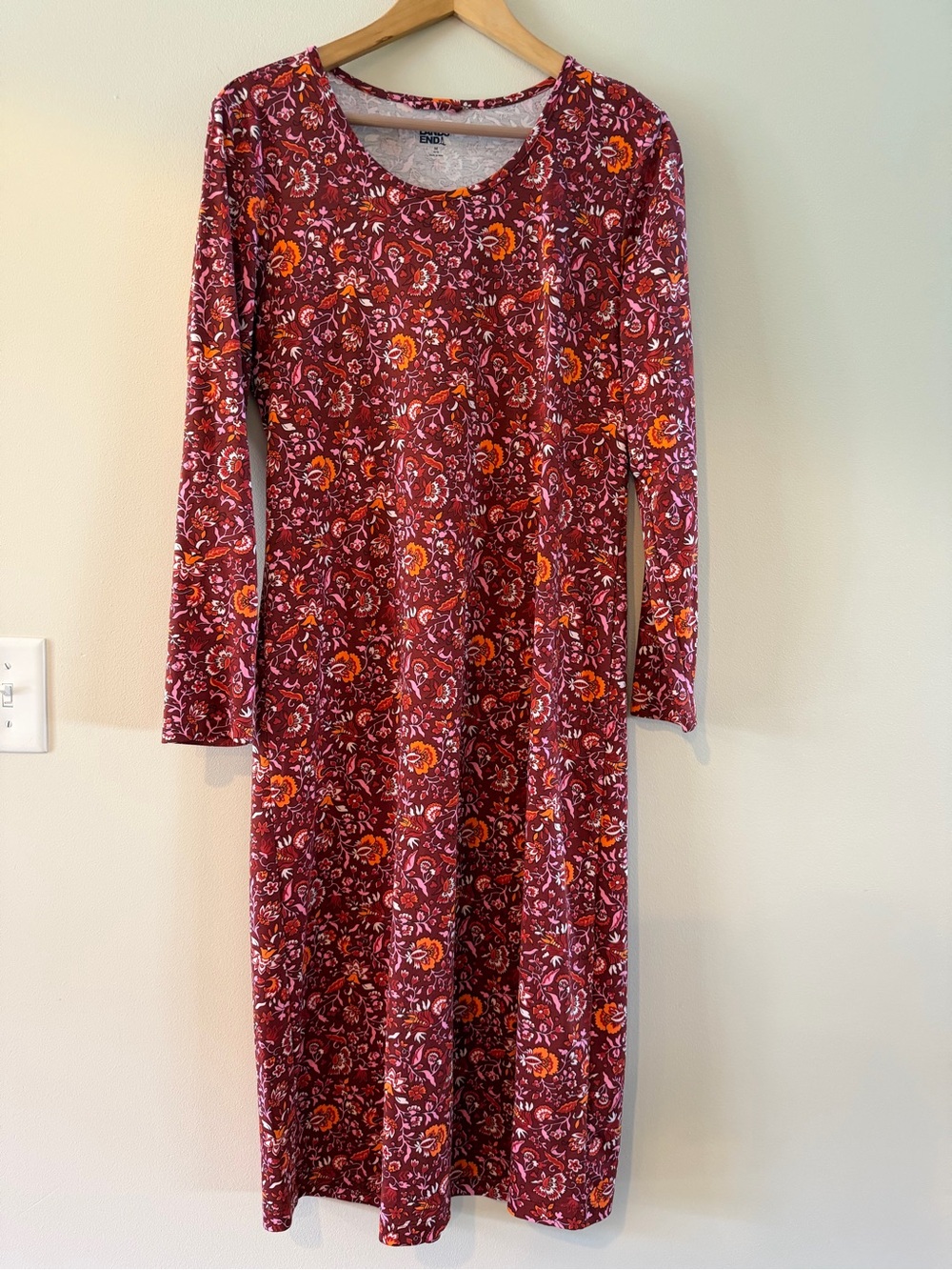 Lands End Medium 100% Cotton Peruvian Knit Floral Midi Long Sleeve Dress